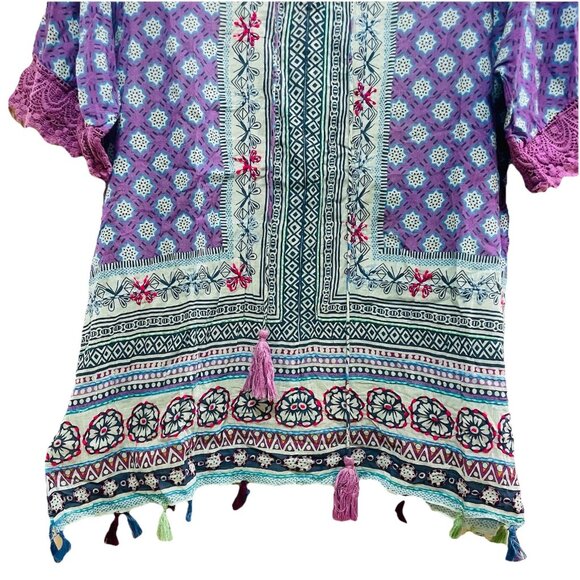 KALYPSO 7 Blue and Purple Boho Embroidered Tasseled Shirt Sz S - Picture 7 of 8